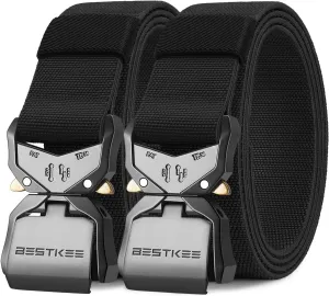 BESTKEE 2 Pack Tactical Belt, Men's Military Stretch Nylon Web Belt for Hiking Work with Heavy-Duty Quick Release Buckle