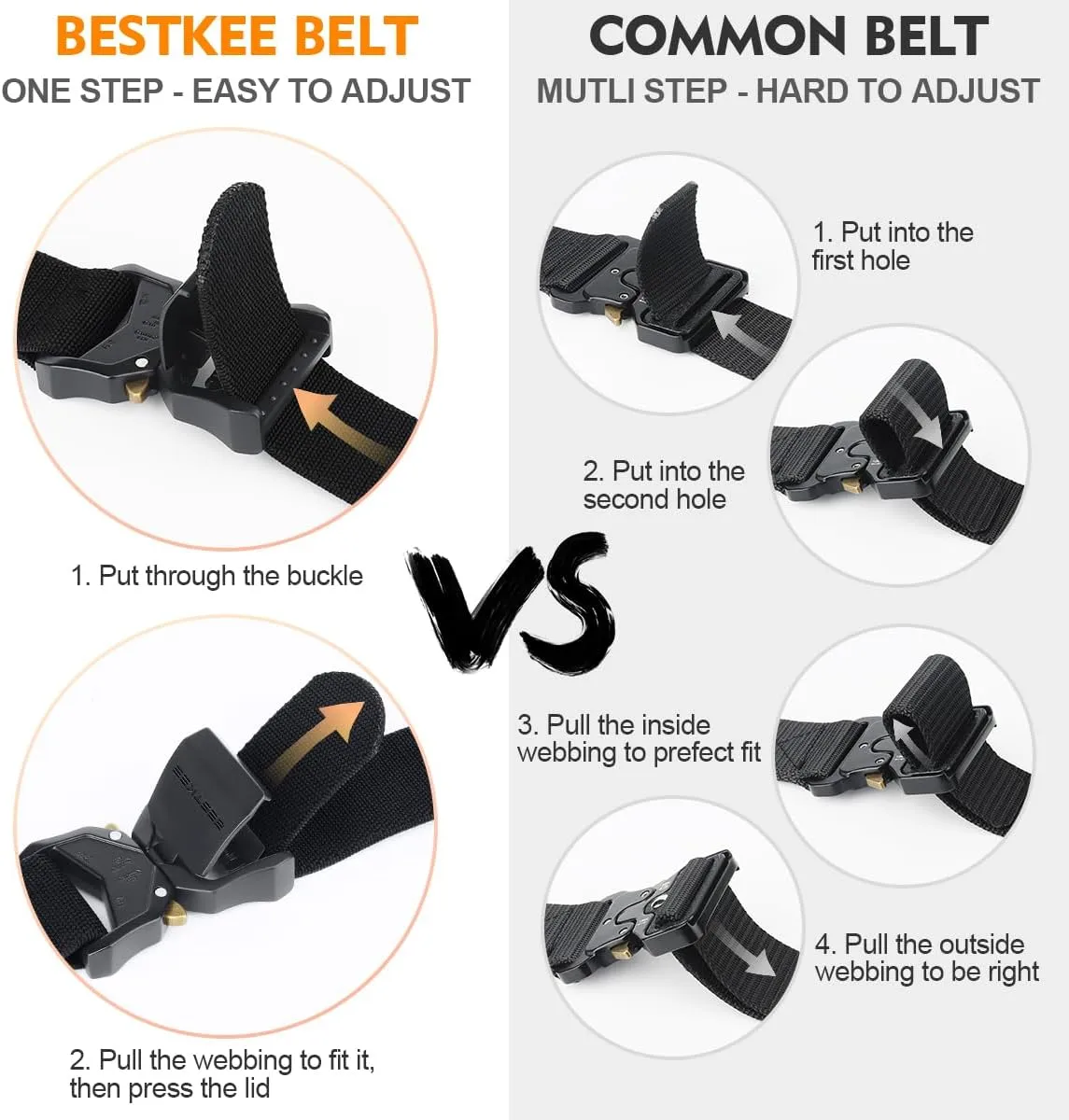BESTKEE 2 Pack Tactical Belt, Men's Military Stretch Nylon Web Belt for Hiking Work with Heavy-Duty Quick Release Buckle