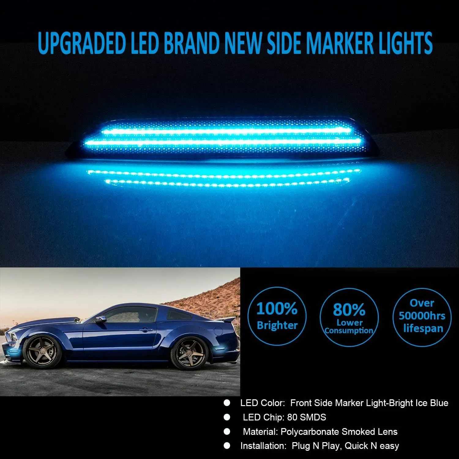 Bestview LED Side Marker Lights Reflectors Lights Dual Rows Ice Blue for 2010-2014 Ford Mustang Assembly, Smoked Lens Front & Rear Side Markers, Driver & Passenger Side Bumper Lights, Pack of 4