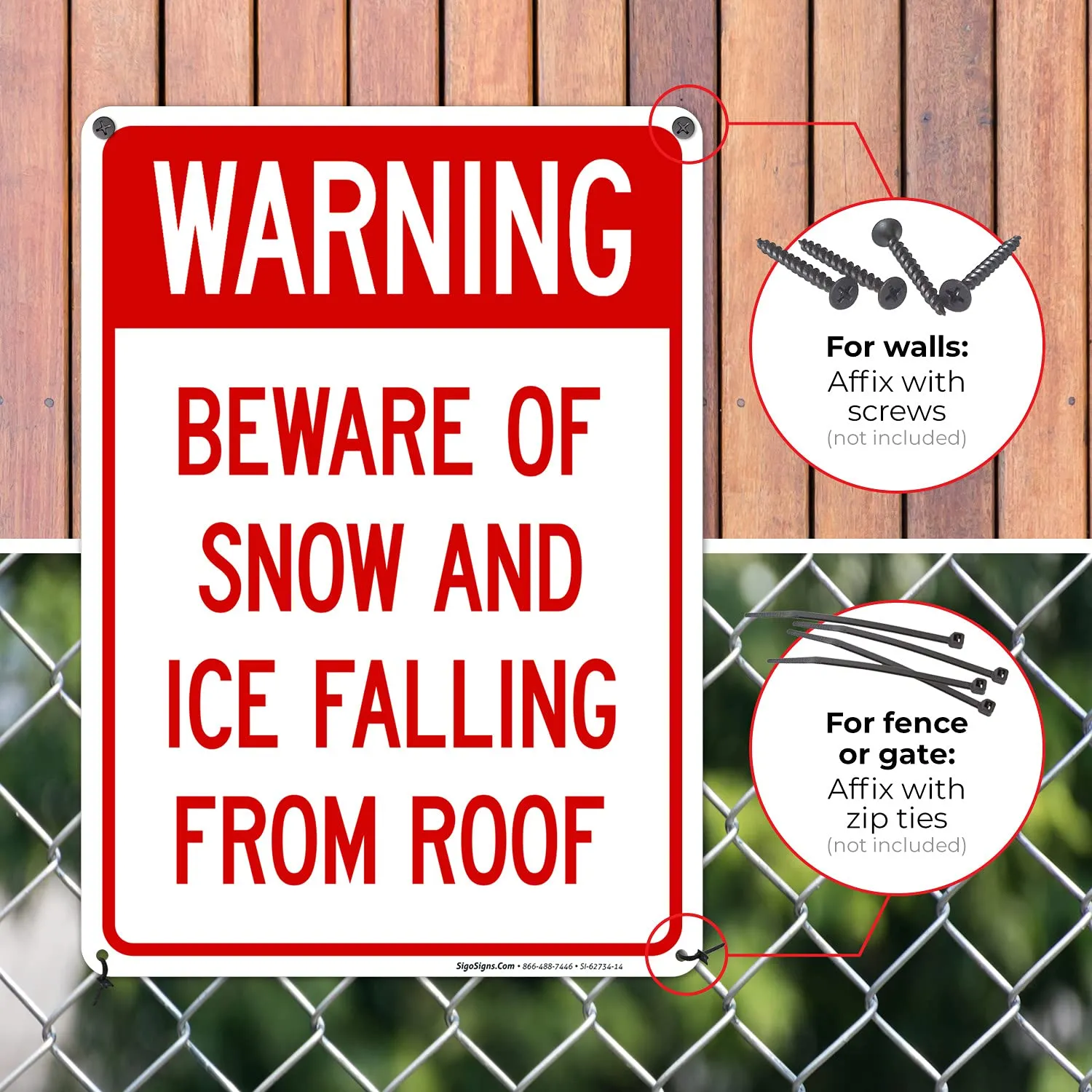 Beware of Snow and Ice Falling from Roof Sign, 10x14 Inches, Rust Free .040 Aluminum, Fade Resistant, Made in USA