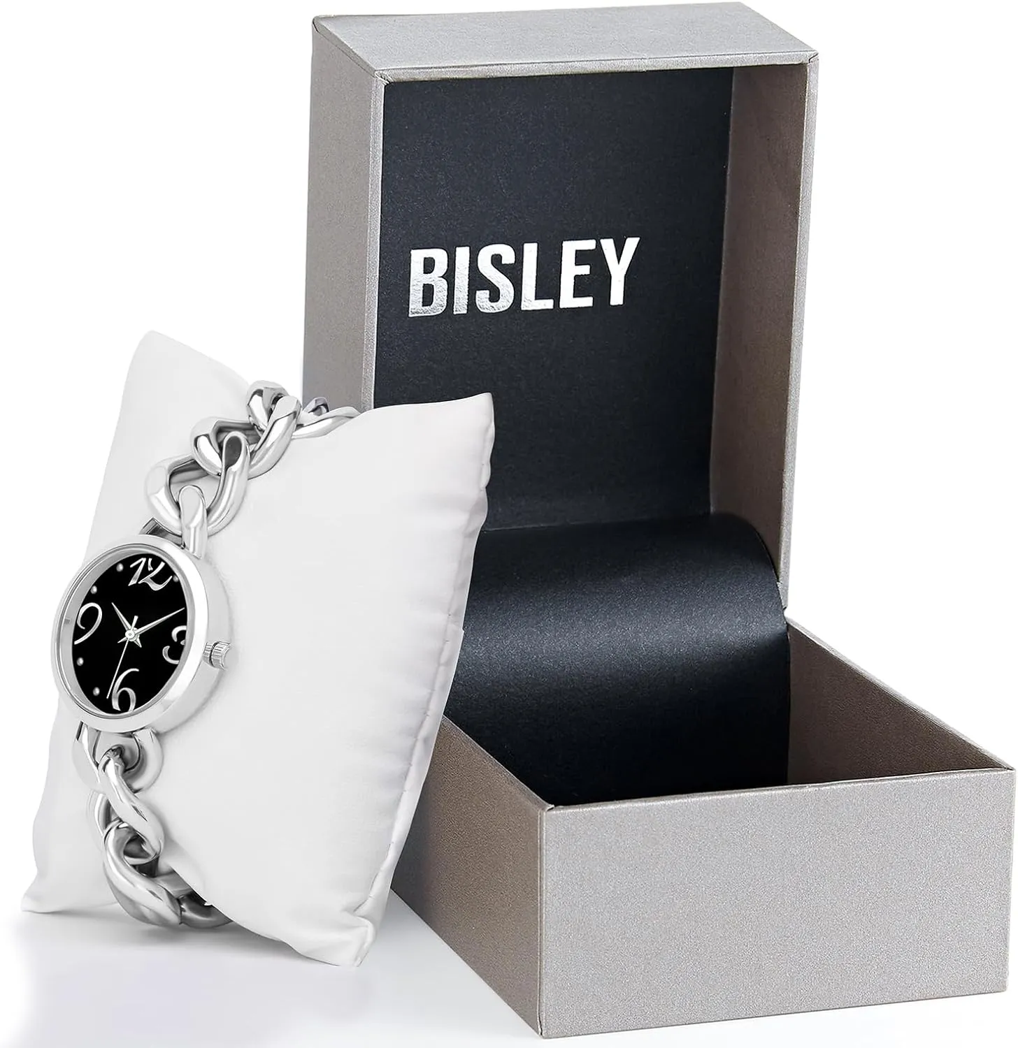 Bisley Women Watch Metal Chain Bracelet Big Arabic Number Easy to Read Waterproof Watch