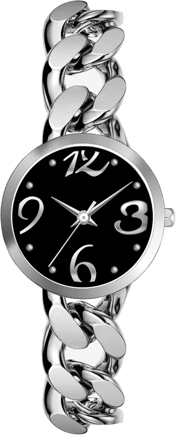 Bisley Women Watch Metal Chain Bracelet Big Arabic Number Easy to Read Waterproof Watch
