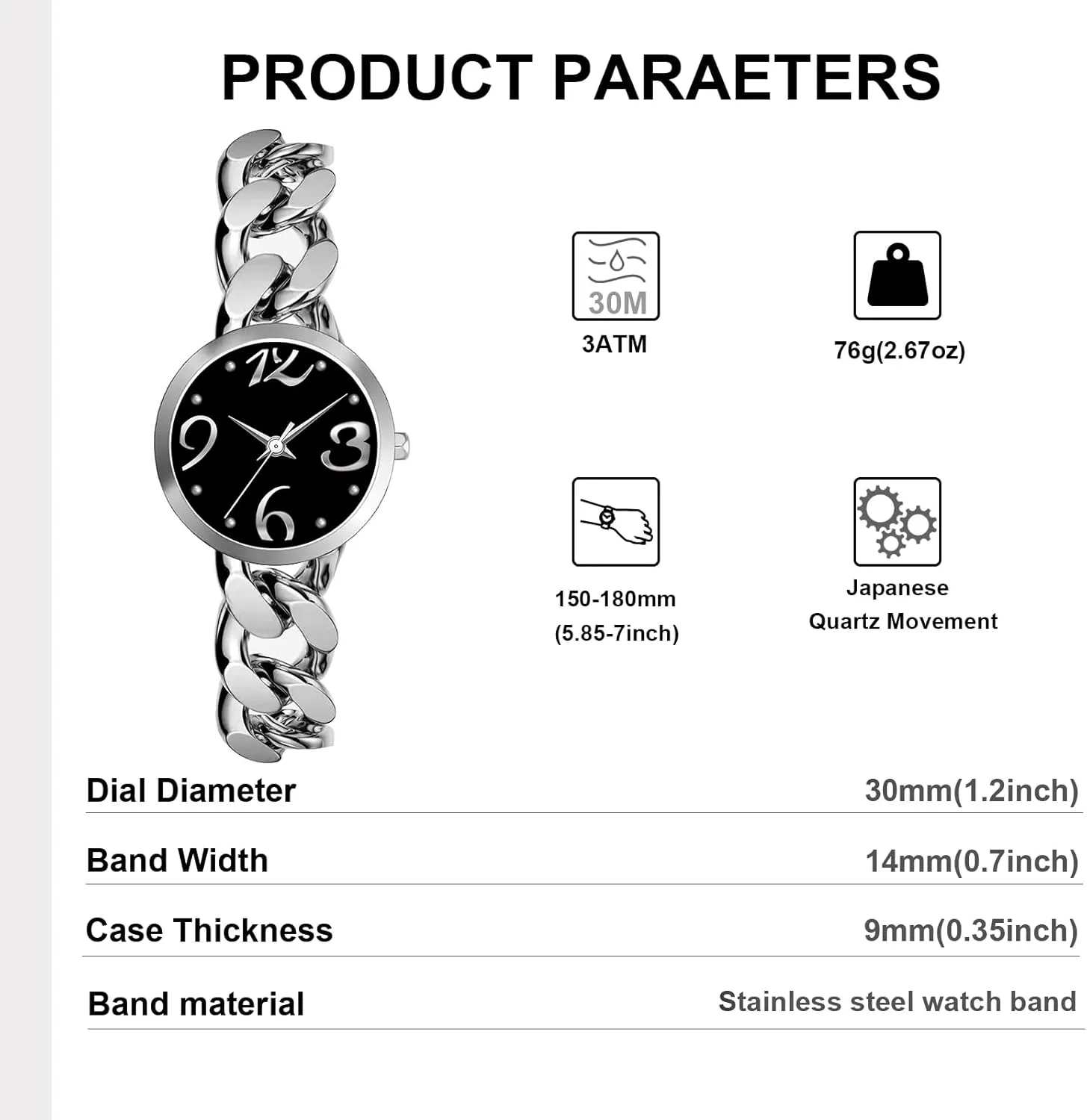 Bisley Women Watch Metal Chain Bracelet Big Arabic Number Easy to Read Waterproof Watch