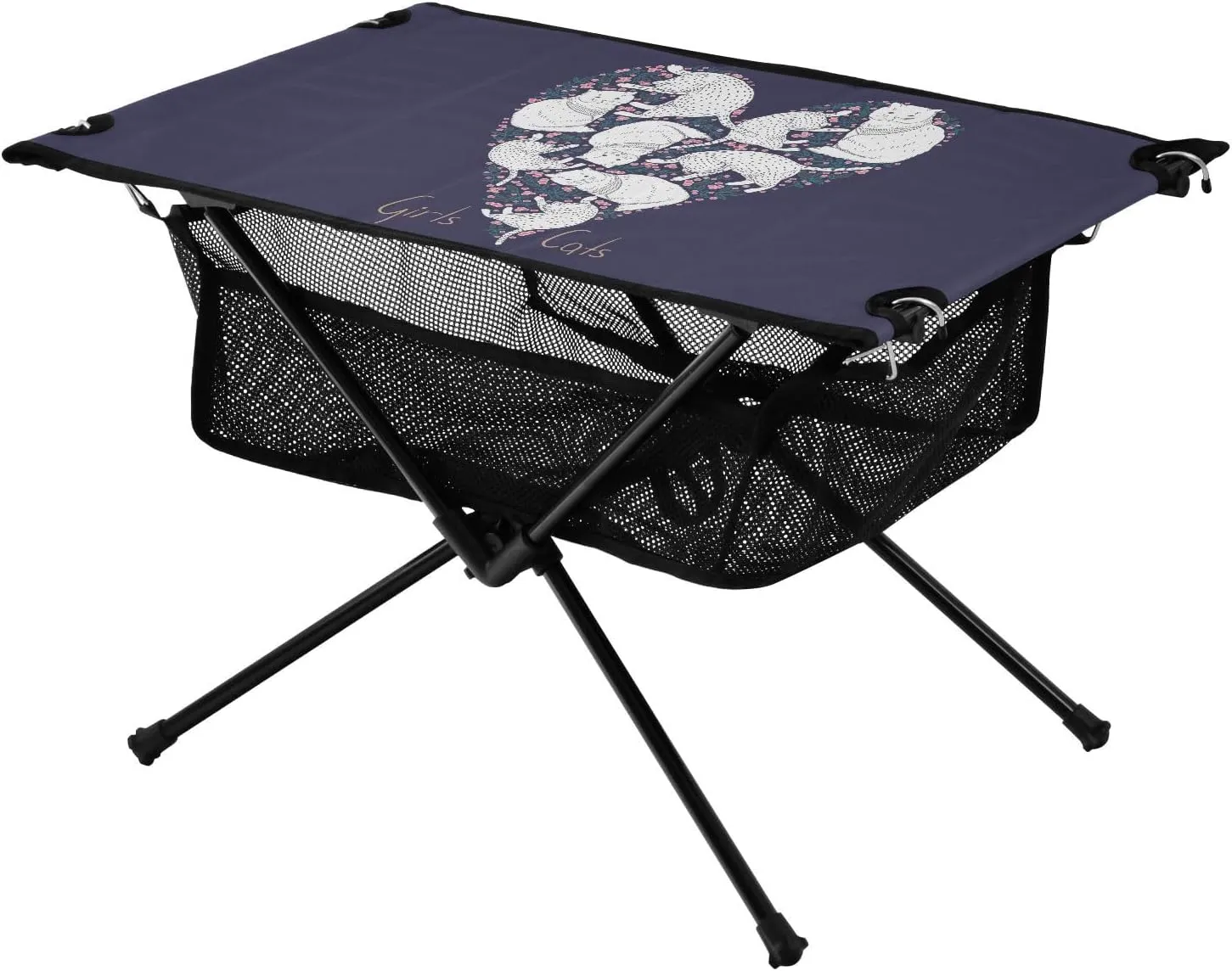 Bolaz Outdoor Folding Portable Picnic Camping Table-Cartoon White Cat Pattern,Storage Mesh for Camping Gear Accessories, Hiking, Mountaineering, Outdoor Travel