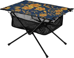Bolaz Outdoor Folding Portable Picnic Camping Table-Golden Rose Hand Drawn Flowers Blue,Storage Mesh for Camping Gear Accessories, Hiking, Mountaineering, Outdoor Travel