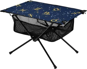 Bolaz Outdoor Folding Portable Picnic Camping Table-Zodiac Signs on Blue Background,Storage Mesh for Camping Gear Accessories, Hiking, Mountaineering, Outdoor Travel