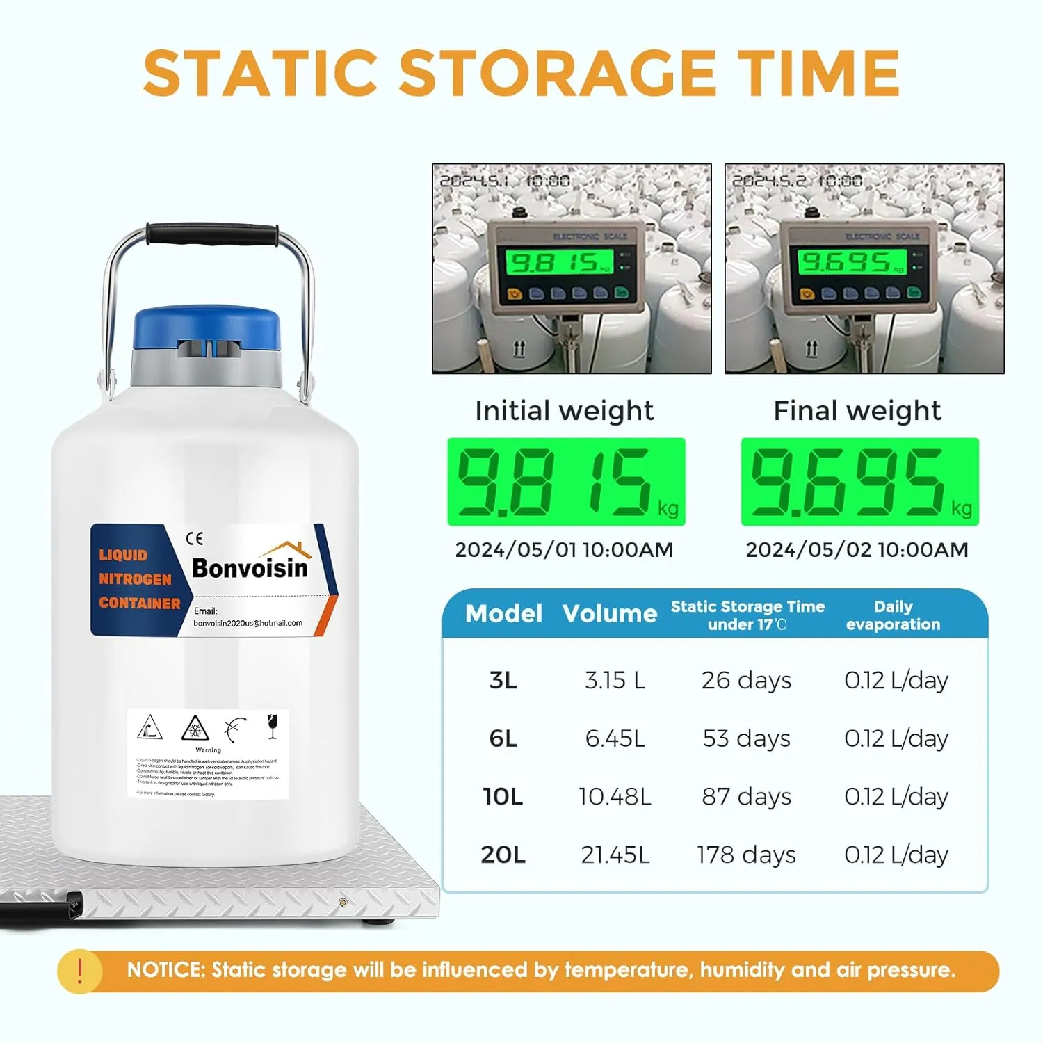 Bonvoisin 6L Liquid Nitrogen Container, LN2 Tank Cryogenic Dewar, Aluminum Alloy Semen Tank with 6 Canisters Carry Bag