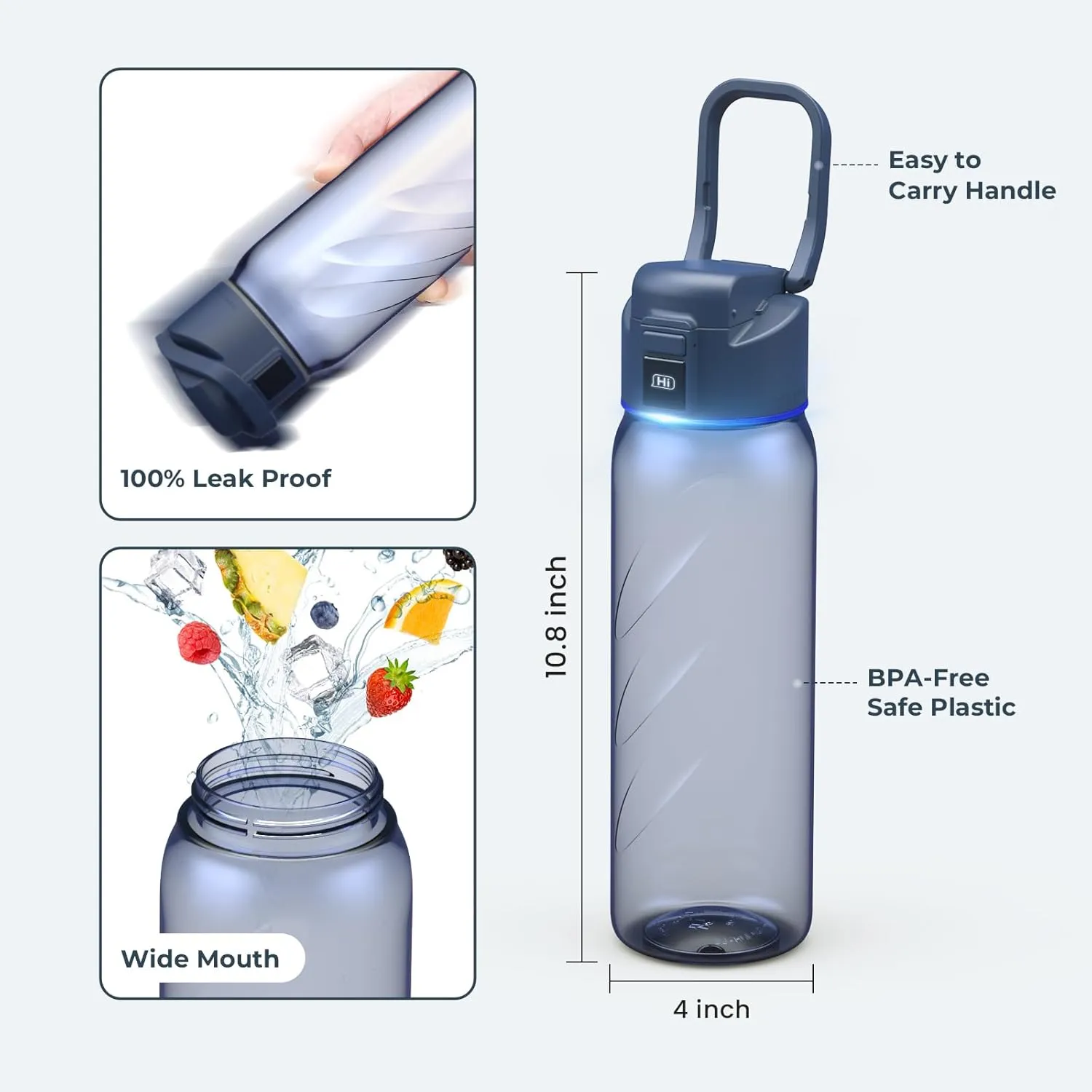 BOOST LITE Smart Water Bottle with Reminder to Drink Water, Motivate & Tracking Hydration Water Bottle with App, 32 oz Tritan BPA-Free Plastic Water Bottles for Gym, School, Office - Blue
