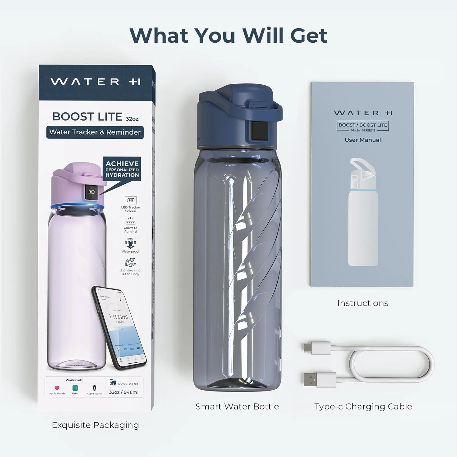 BOOST LITE Smart Water Bottle with Reminder to Drink Water, Motivate & Tracking Hydration Water Bottle with App, 32 oz Tritan BPA-Free Plastic Water Bottles for Gym, School, Office - Blue