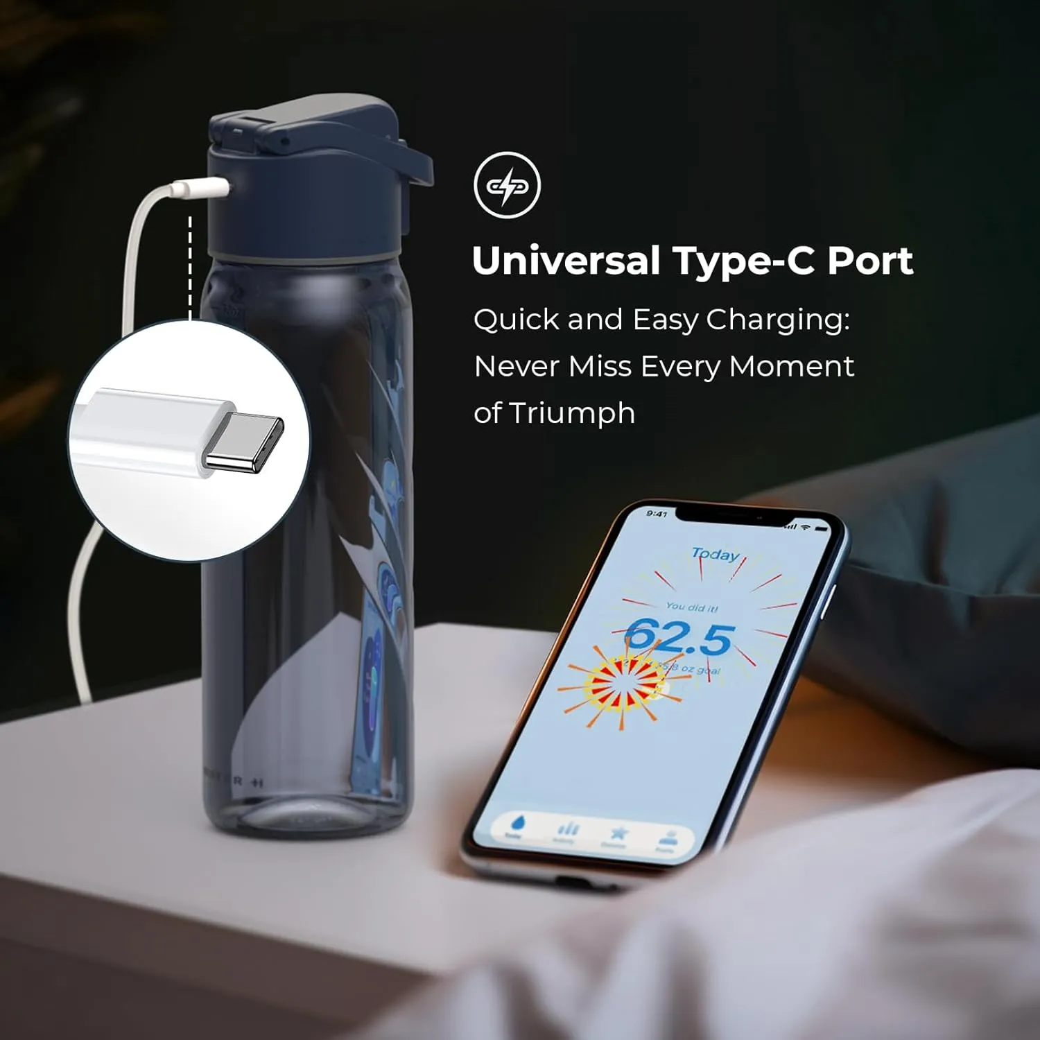BOOST LITE Smart Water Bottle with Reminder to Drink Water, Motivate & Tracking Hydration Water Bottle with App, 32 oz Tritan BPA-Free Plastic Water Bottles for Gym, School, Office - Blue