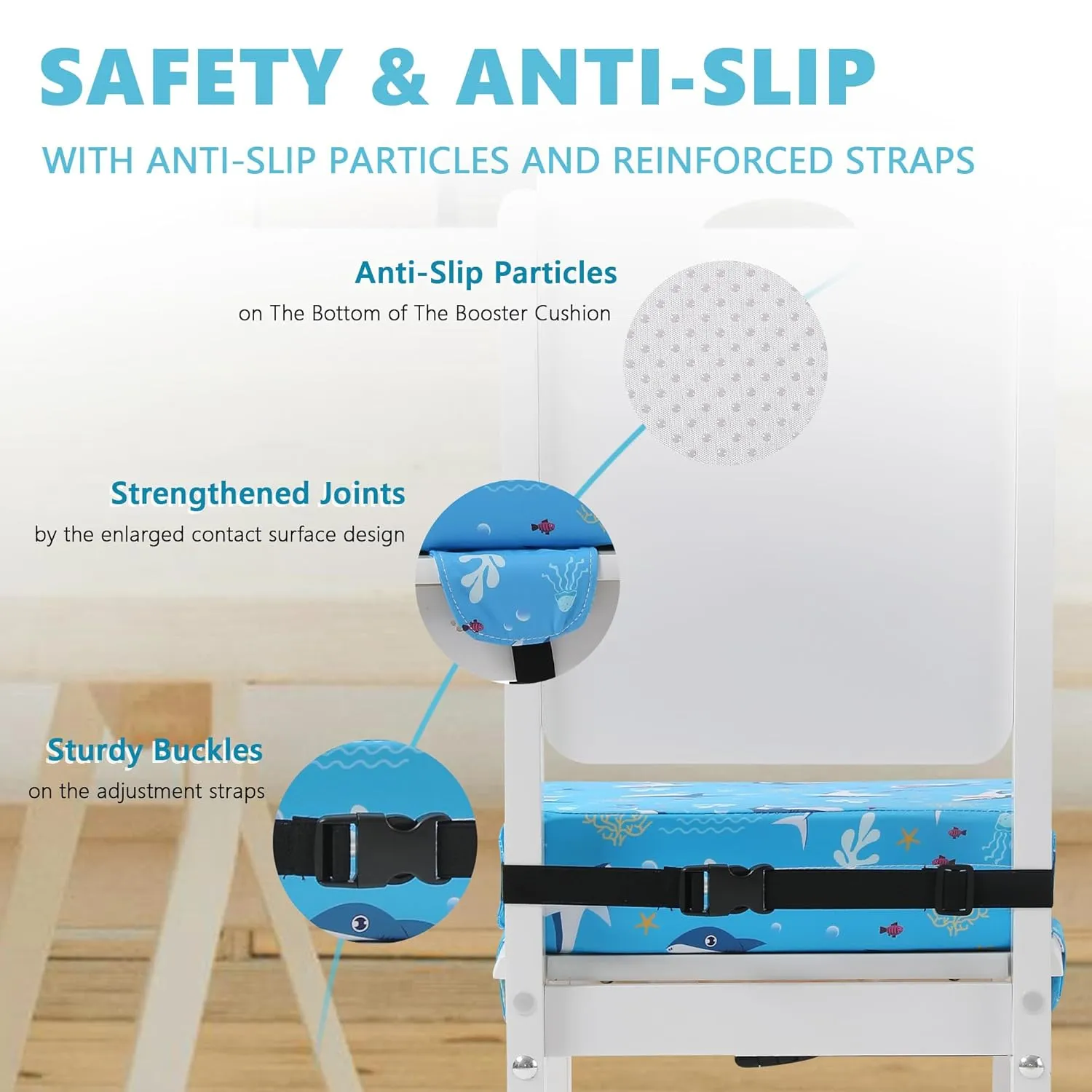 Booster Seat for Kitchen Chair with Adjustable Straps, Toddler Booster Seats for Dining Table Portable for Travel Camping Eating, Booster Cushion for Table for Baby Child Infant Kid Boy Girl
