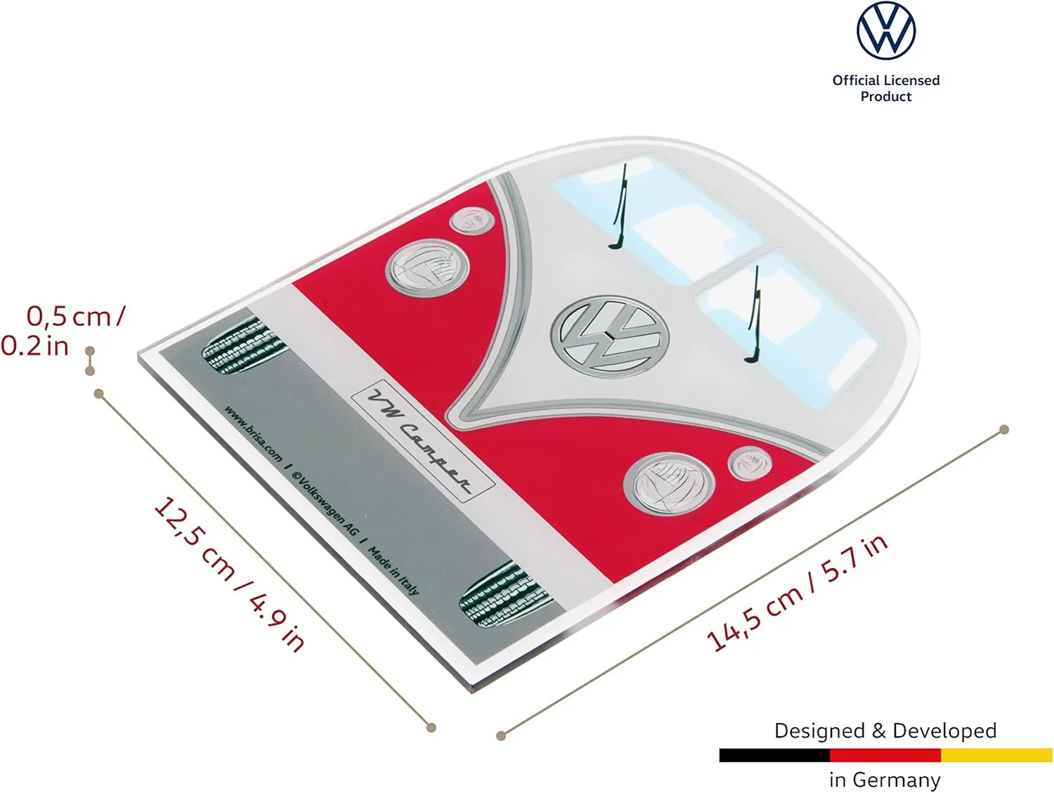 BRISA VW Collection - Volkswagen Polycarbonate Ice Scraper Windshield Scraper Snow Remover Winter Car Accessory in T1 Bus Campervan Design (Front/Red)
