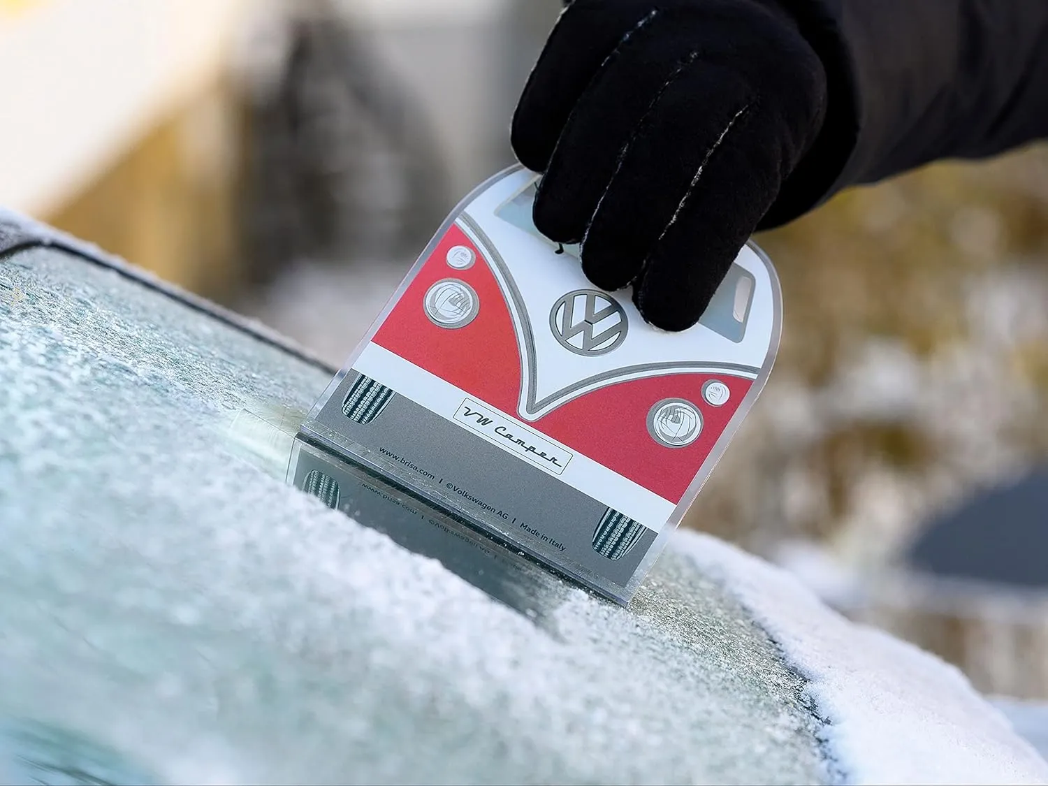 BRISA VW Collection - Volkswagen Polycarbonate Ice Scraper Windshield Scraper Snow Remover Winter Car Accessory in T1 Bus Campervan Design (Front/Red)