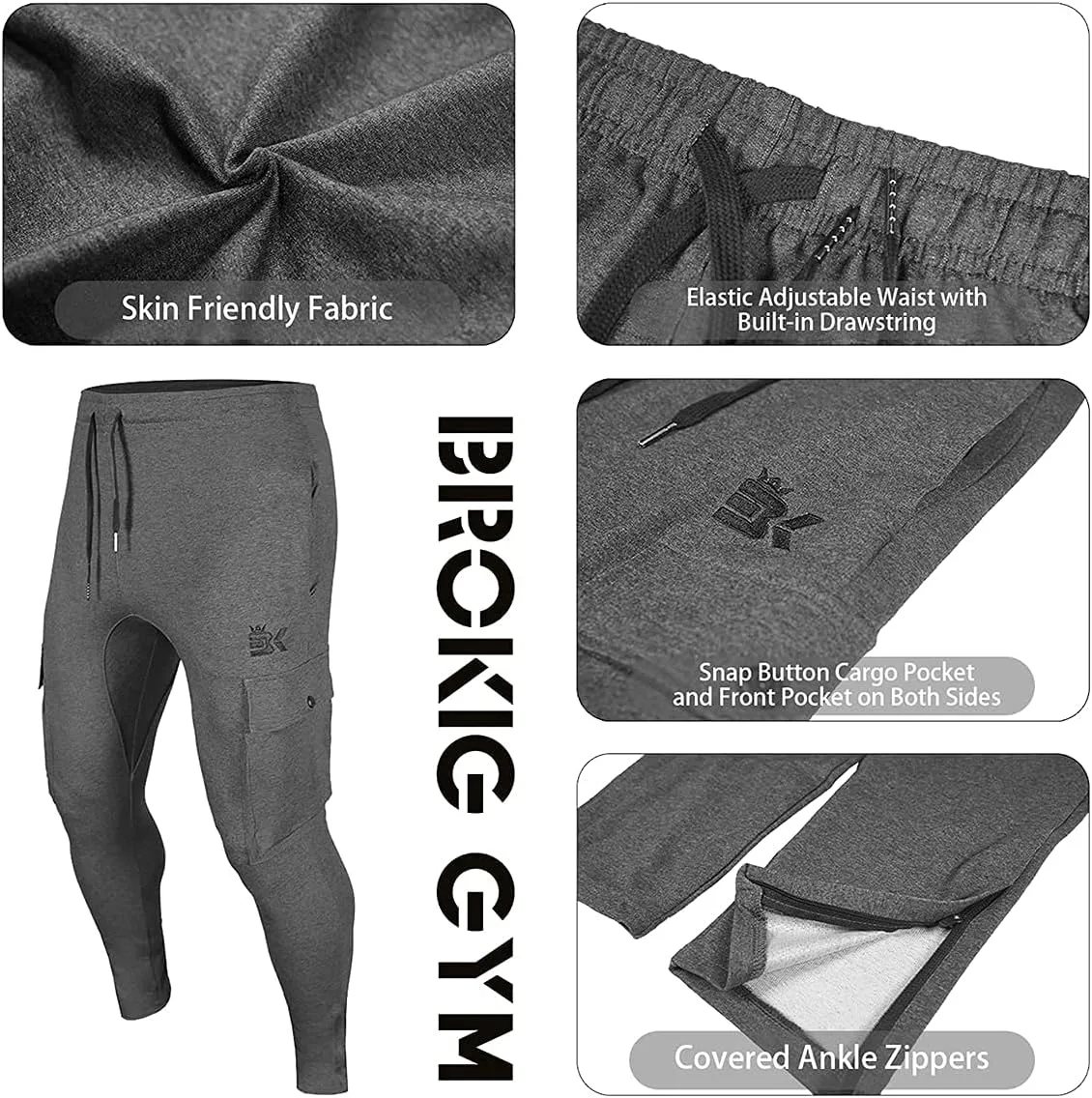 BROKIG Mens Cargo Workout Joggers Pants Tapered Gym Athletic Tactical Slim Sweatpants Men with Pockets