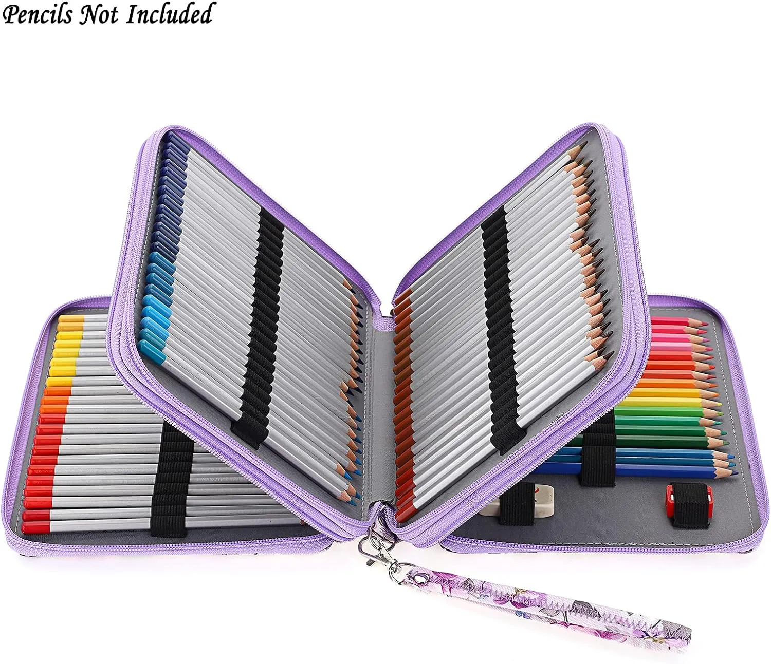 BTSKY Colored Pencil Case- 120 Slots Pencil Holder Pen Bag Large Capacity Pencil Organizer with Handle Strap Handy Colored Pencil Box with Printing Pattern (Purple Flower)