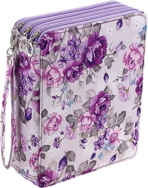 BTSKY Colored Pencil Case- 120 Slots Pencil Holder Pen Bag Large Capacity Pencil Organizer with Handle Strap Handy Colored Pencil Box with Printing Pattern (Purple Flower)