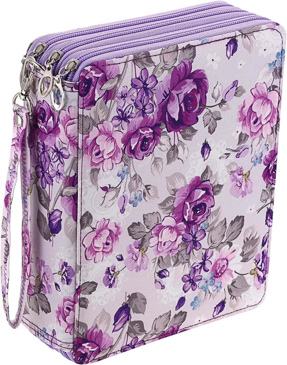 BTSKY Colored Pencil Case- 120 Slots Pencil Holder Pen Bag Large Capacity Pencil Organizer with Handle Strap Handy Colored Pencil Box with Printing Pattern (Purple Flower)