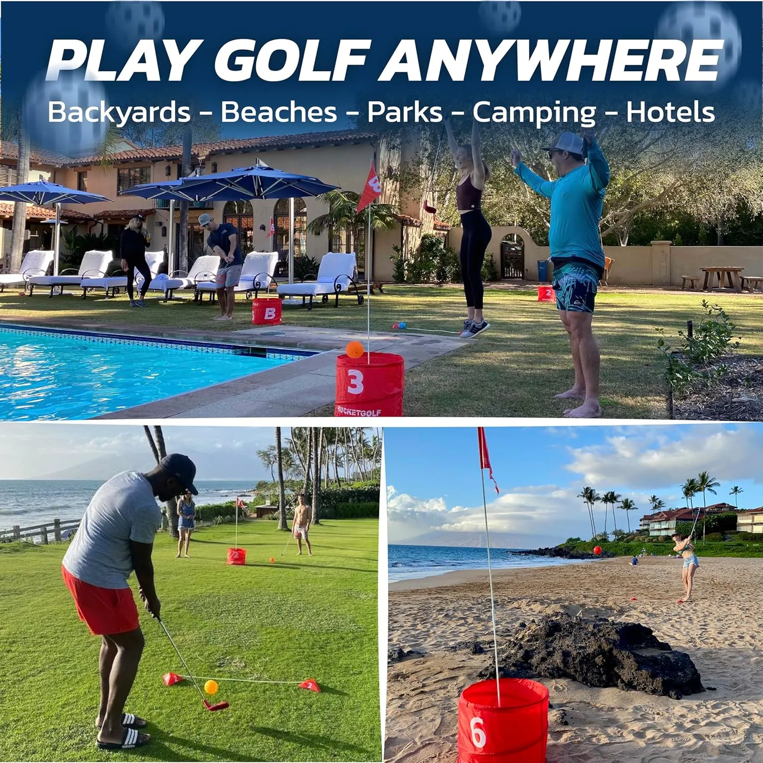 bucketgolf Game The Original Ultimate Backyard Lawn Golf Game for Family, Adults and Kids - Portable 6 Hole Golf Course Play Outdoor, Lawn, Park, Beach, Yard.