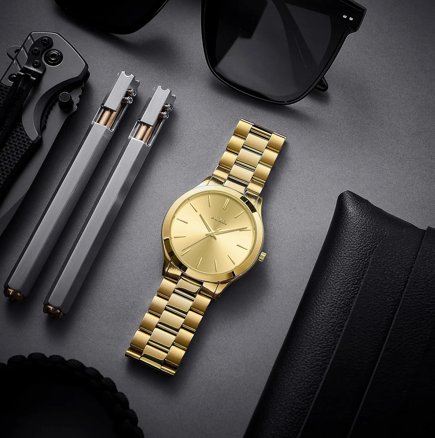 BUREI Men Watches Fashion Stainless Steel Analog Quartz Watches Business Waterproof Wristwatch,Fathers Day Gift for Men