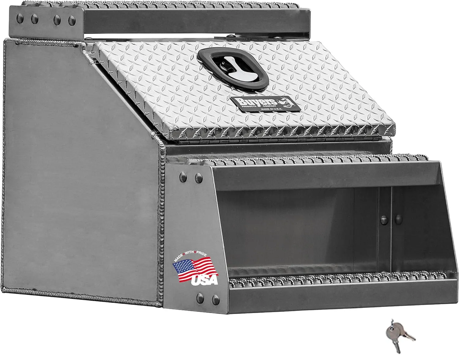 Buyers Products 1705182 Silver Diamond Tread Aluminum Heavy Duty Saddle Step Box, 24 x 28 x 24 Inch, Frame Steps with Built in Side Storage, Locking Die-cast Compression Latch, Semi-Truck Tool Box
