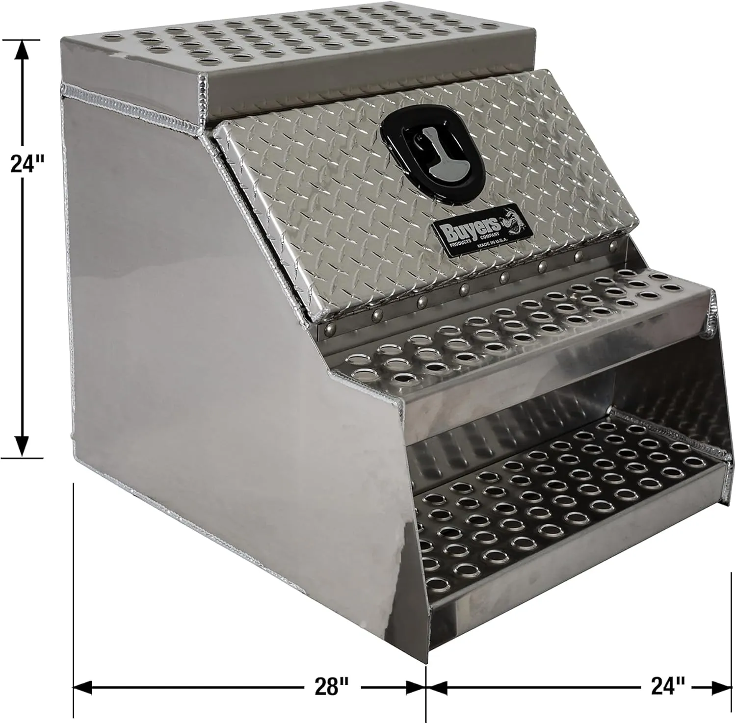 Buyers Products 1705182 Silver Diamond Tread Aluminum Heavy Duty Saddle Step Box, 24 x 28 x 24 Inch, Frame Steps with Built in Side Storage, Locking Die-cast Compression Latch, Semi-Truck Tool Box