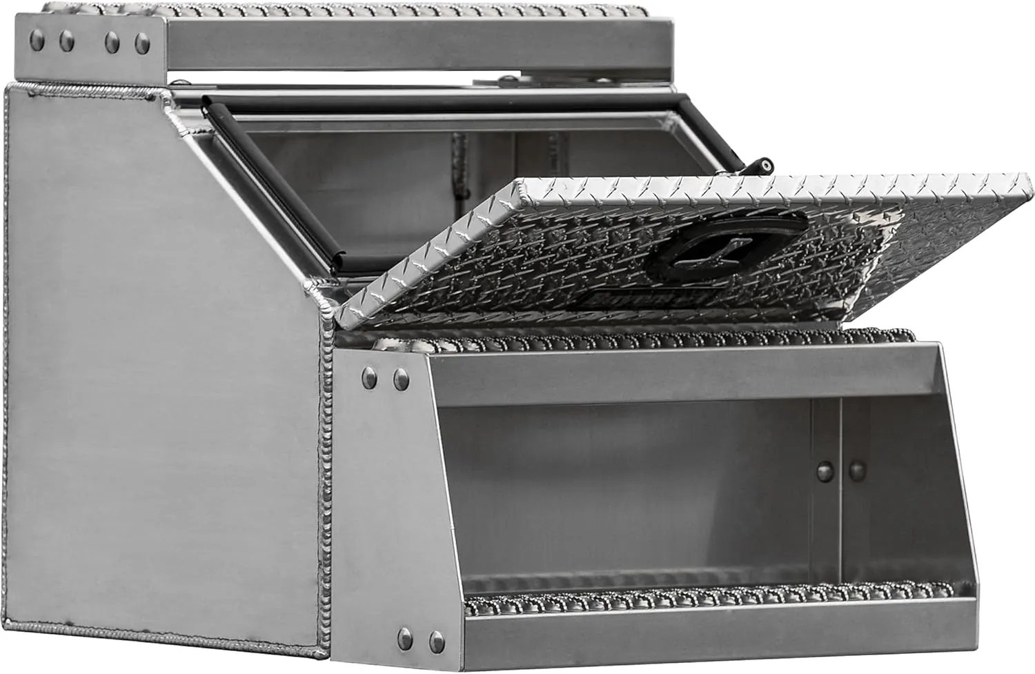 Buyers Products 1705182 Silver Diamond Tread Aluminum Heavy Duty Saddle Step Box, 24 x 28 x 24 Inch, Frame Steps with Built in Side Storage, Locking Die-cast Compression Latch, Semi-Truck Tool Box