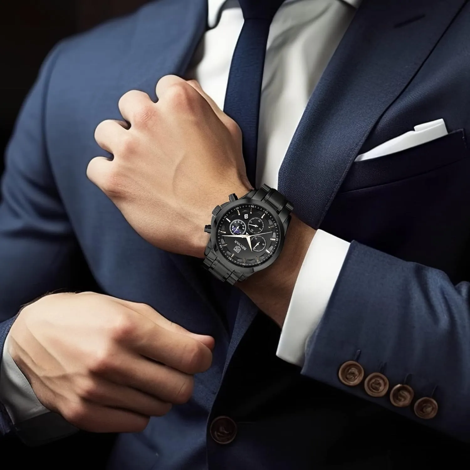 BY BENYAR Mens Watches Analog Quartz Chronograph Waterproof Wrist Watches for Men Fashion Business Work Casual Sport Designer Dress Watch with Calendar Elegant Gifts for Men