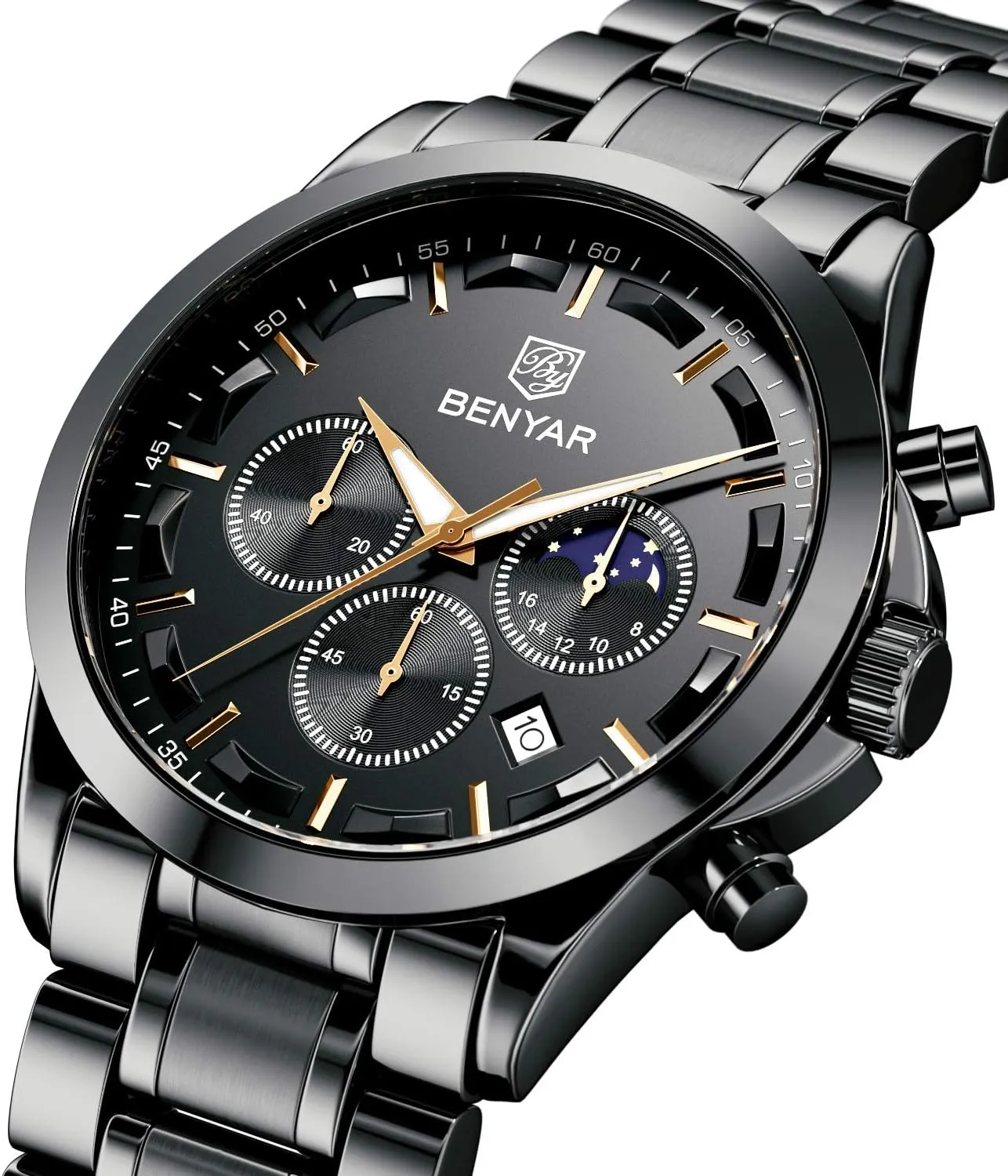 BY BENYAR Mens Watches Analog Quartz Chronograph Waterproof Wrist Watches for Men Fashion Business Work Casual Sport Designer Dress Watch with Calendar Elegant Gifts for Men