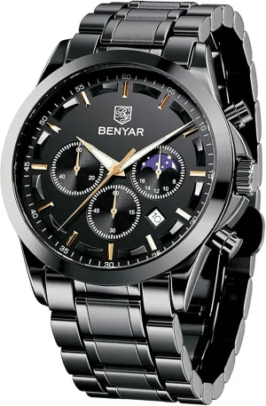 BY BENYAR Mens Watches Analog Quartz Chronograph Waterproof Wrist Watches for Men Fashion Business Work Casual Sport Designer Dress Watch with Calendar Elegant Gifts for Men