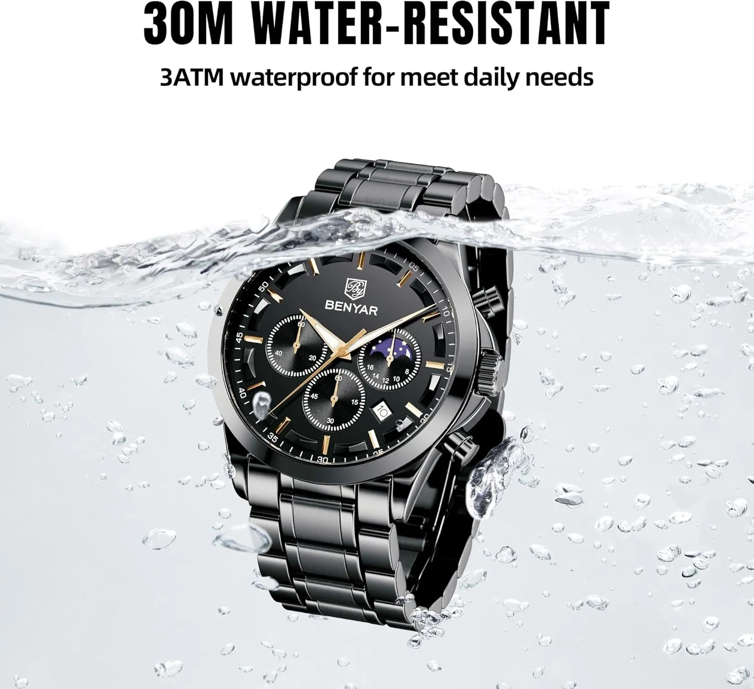BY BENYAR Mens Watches Analog Quartz Chronograph Waterproof Wrist Watches for Men Fashion Business Work Casual Sport Designer Dress Watch with Calendar Elegant Gifts for Men
