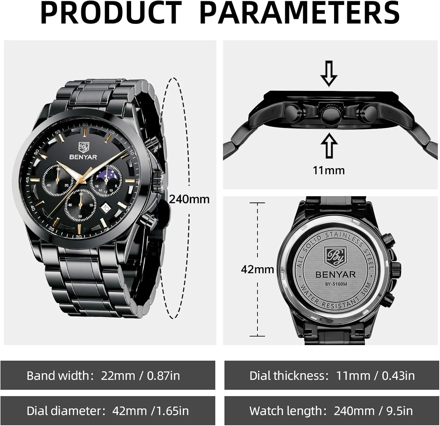 BY BENYAR Mens Watches Analog Quartz Chronograph Waterproof Wrist Watches for Men Fashion Business Work Casual Sport Designer Dress Watch with Calendar Elegant Gifts for Men