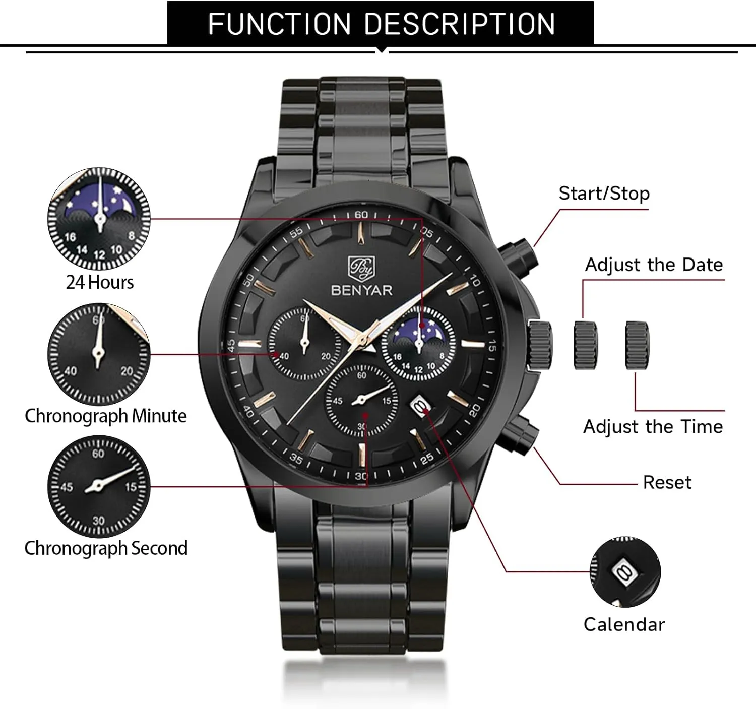 BY BENYAR Mens Watches Analog Quartz Chronograph Waterproof Wrist Watches for Men Fashion Business Work Casual Sport Designer Dress Watch with Calendar Elegant Gifts for Men