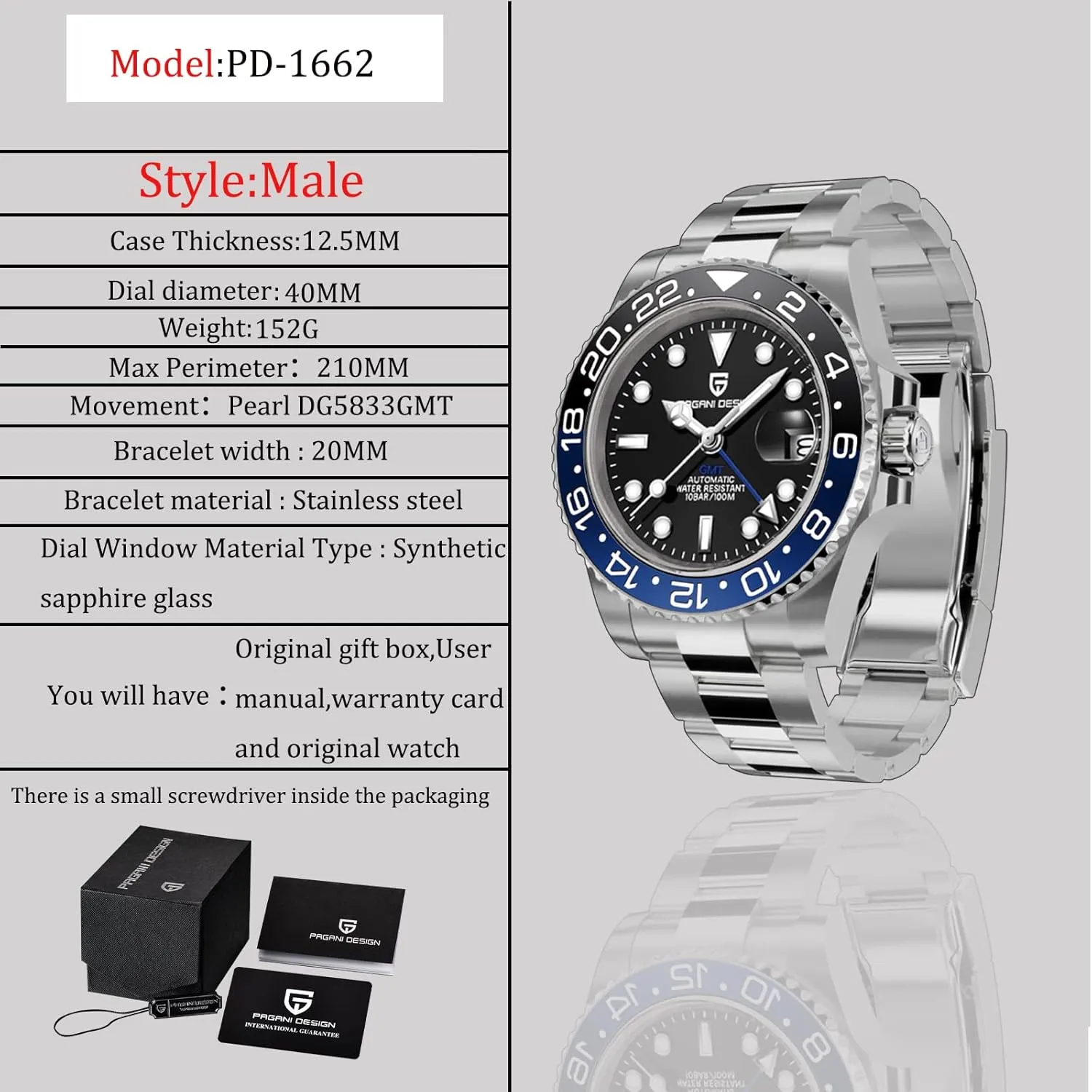 BY BENYAR Pagani Design Men's Watches GMT Automatic Watch for Men Sapphire Glass Fashion Business Stainless Steel 100M Waterproof Men's Wrist Watches PD-1662