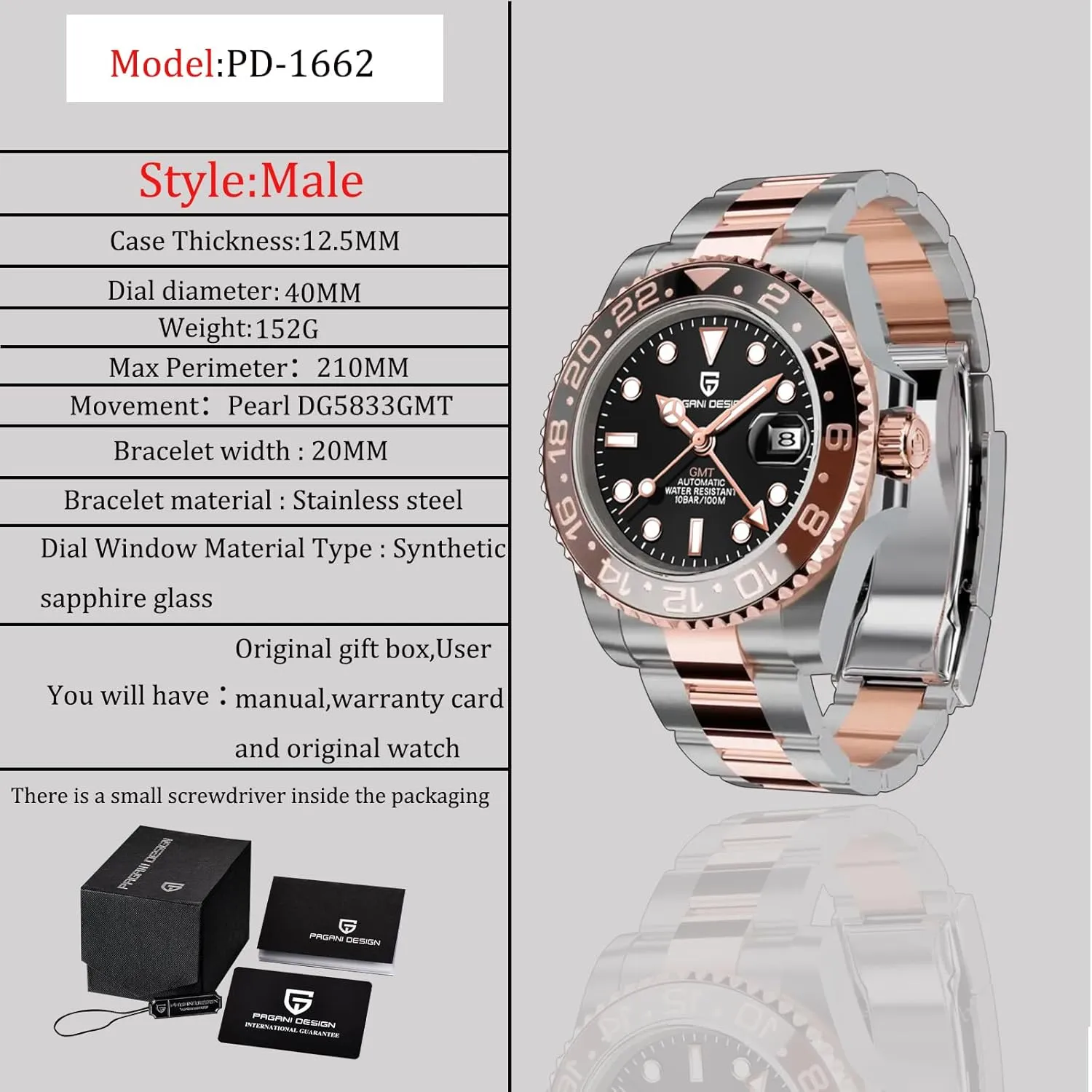 BY BENYAR Pagani Design Men's Watches GMT Automatic Watch for Men Sapphire Glass Fashion Business Stainless Steel 100M Waterproof Men's Wrist Watches PD-1662