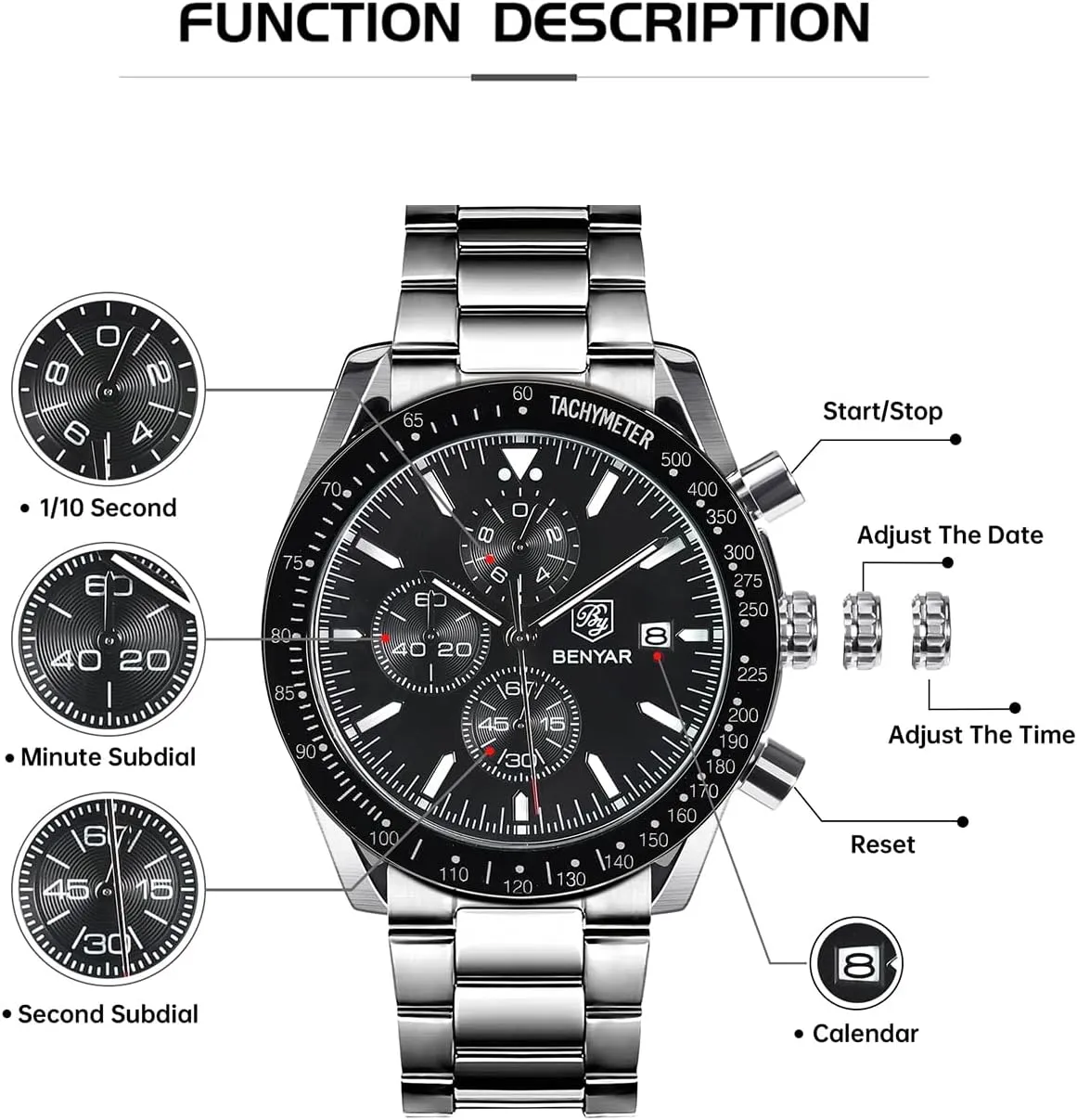BY BENYAR Watch for Men Analog Quartz Chronograph Waterproof Luminous Designer Mens Wrist Watches Business Work Sport Casual Dress Watch with Silicone Strap Elegant Gifts for Men