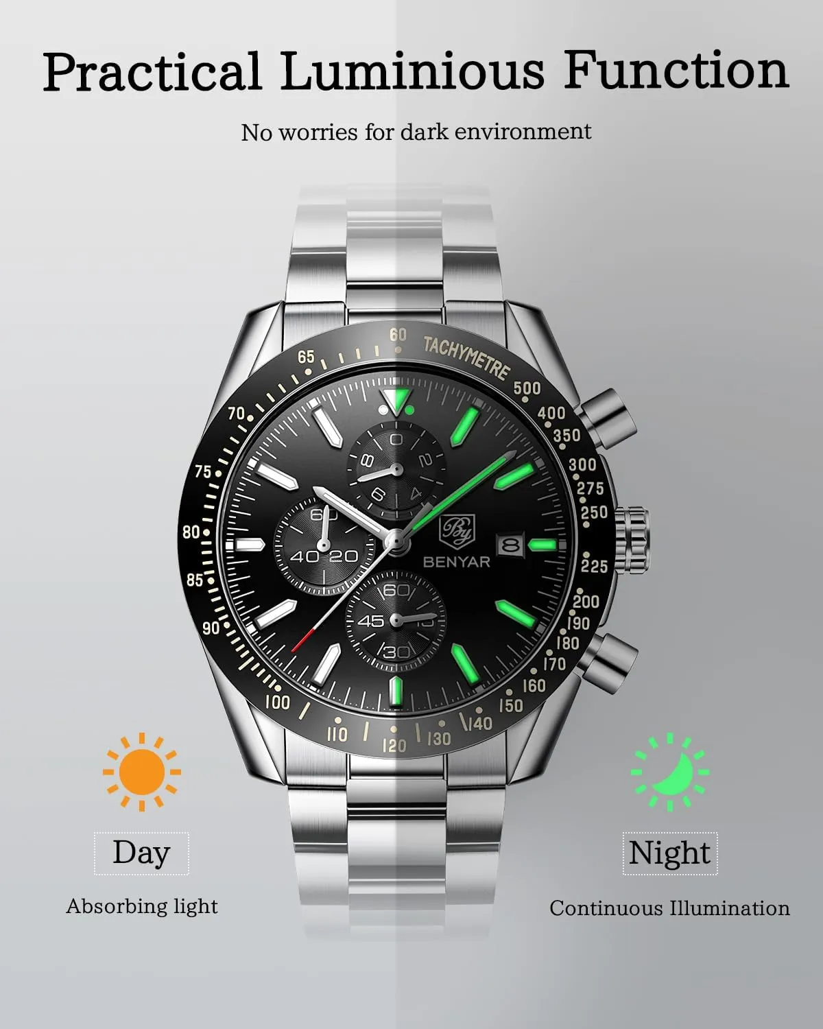 BY BENYAR Watch for Men Analog Quartz Chronograph Waterproof Luminous Designer Mens Wrist Watches Business Work Sport Casual Dress Watch with Silicone Strap Elegant Gifts for Men