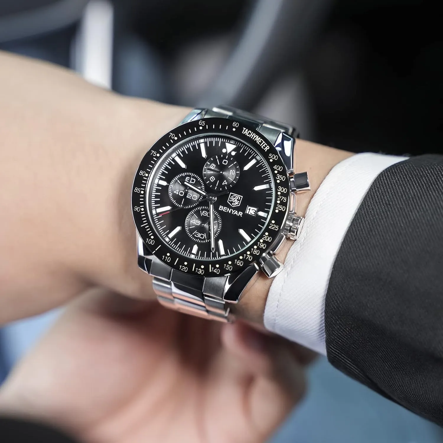 BY BENYAR Watch for Men Analog Quartz Chronograph Waterproof Luminous Designer Mens Wrist Watches Business Work Sport Casual Dress Watch with Silicone Strap Elegant Gifts for Men