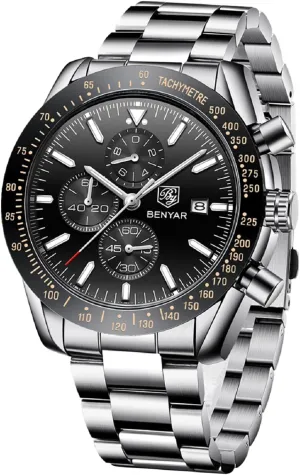 BY BENYAR Watch for Men Analog Quartz Chronograph Waterproof Luminous Designer Mens Wrist Watches Business Work Sport Casual Dress Watch with Silicone Strap Elegant Gifts for Men