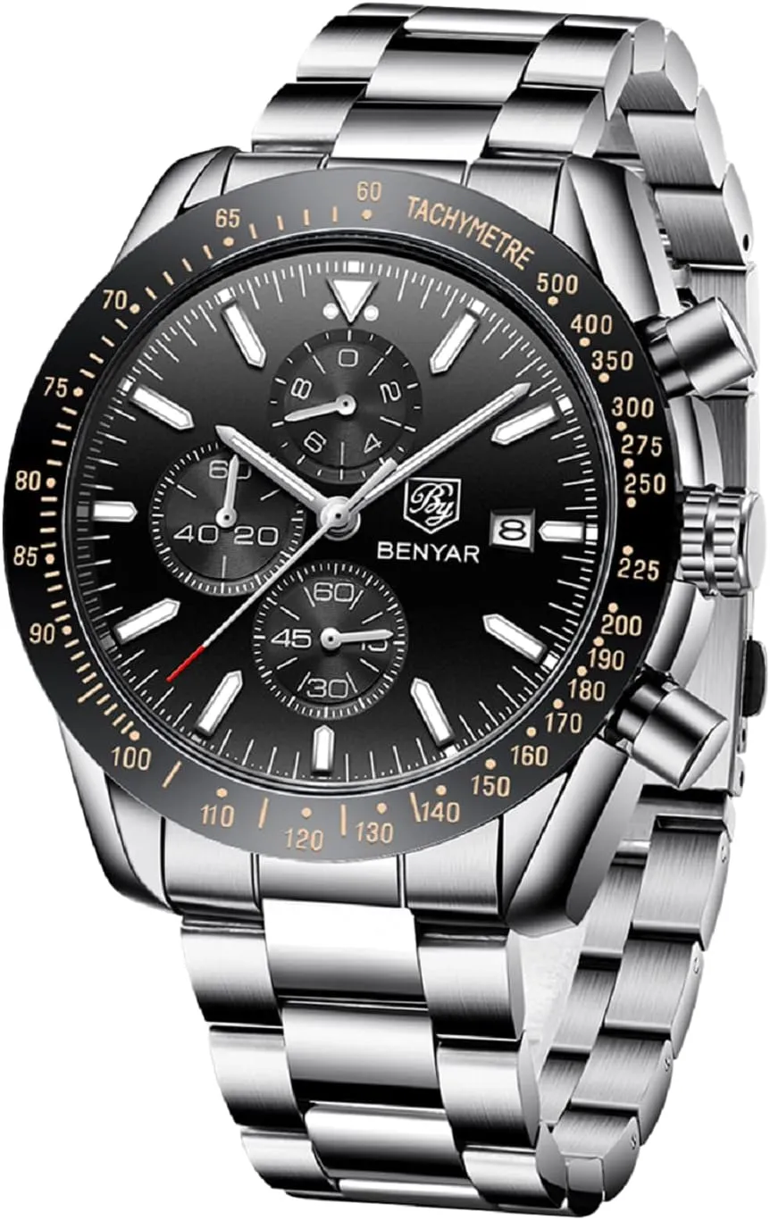 BY BENYAR Watch for Men Analog Quartz Chronograph Waterproof Luminous Designer Mens Wrist Watches Business Work Sport Casual Dress Watch with Silicone Strap Elegant Gifts for Men