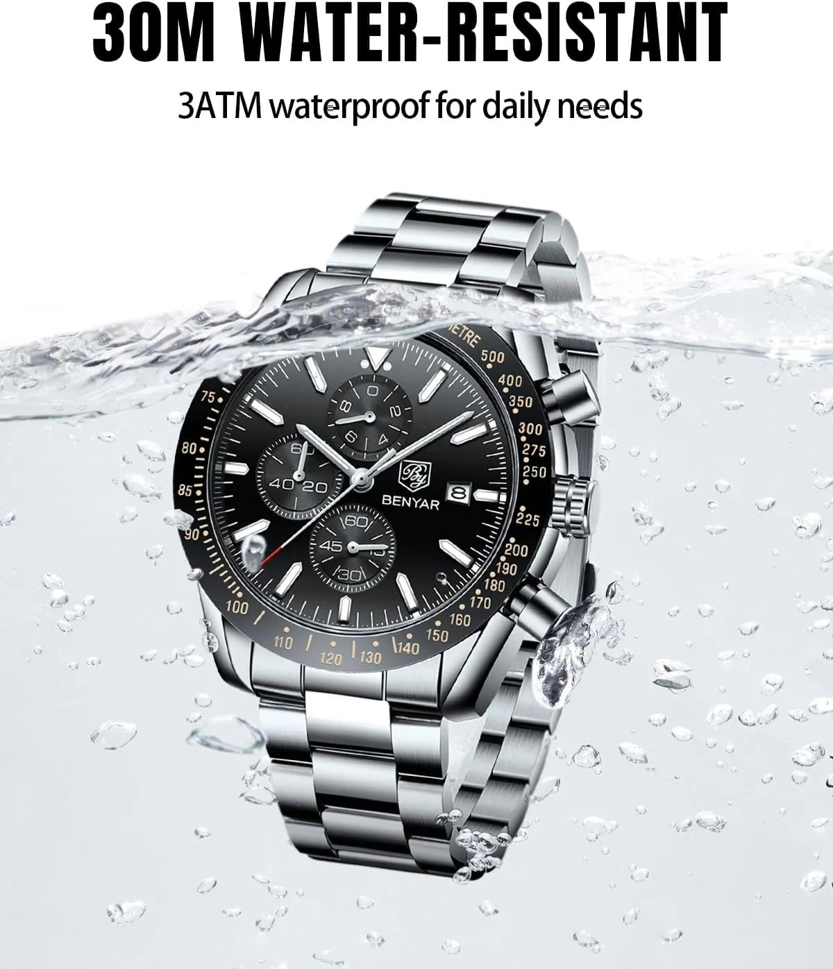 BY BENYAR Watch for Men Analog Quartz Chronograph Waterproof Luminous Designer Mens Wrist Watches Business Work Sport Casual Dress Watch with Silicone Strap Elegant Gifts for Men