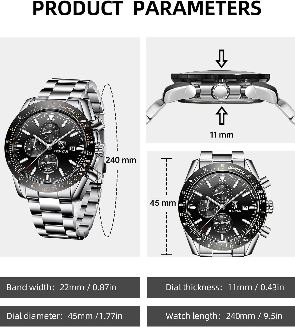 BY BENYAR Watch for Men Analog Quartz Chronograph Waterproof Luminous Designer Mens Wrist Watches Business Work Sport Casual Dress Watch with Silicone Strap Elegant Gifts for Men