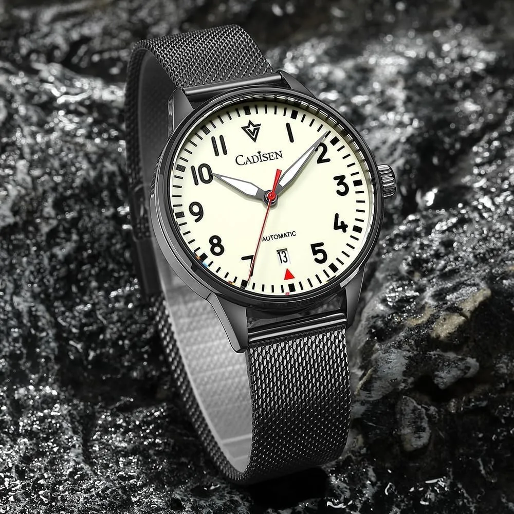 CADISEN New Pilot Men's Mechanical Watch, All Night Glow dial Japanese NH35 Movement, Casual Waterproof Watch