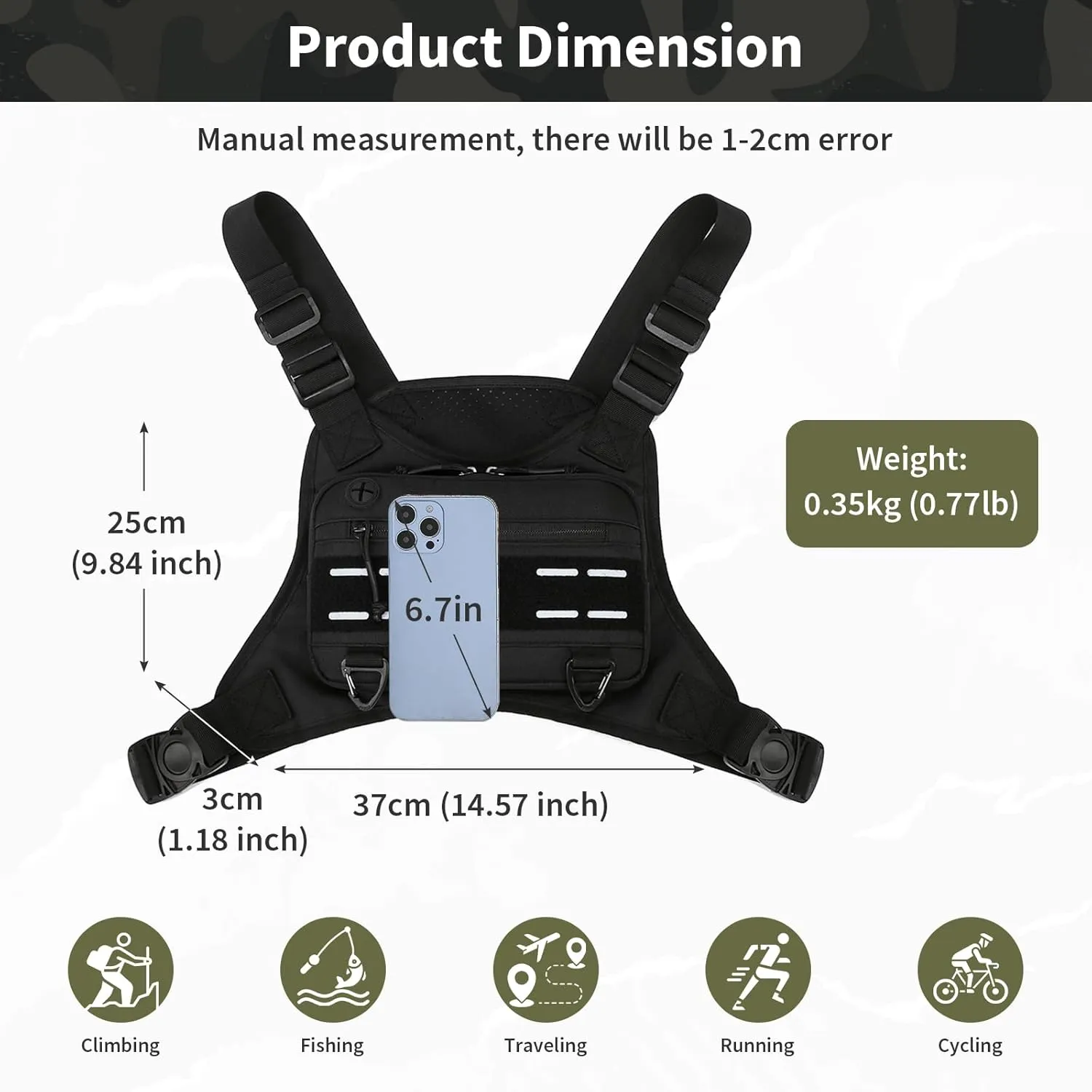 CamGo Tactical Outdoor Sports Chest Bag for Men, Molle EDC Vest Chest Pack for Sports Running Hiking Workout