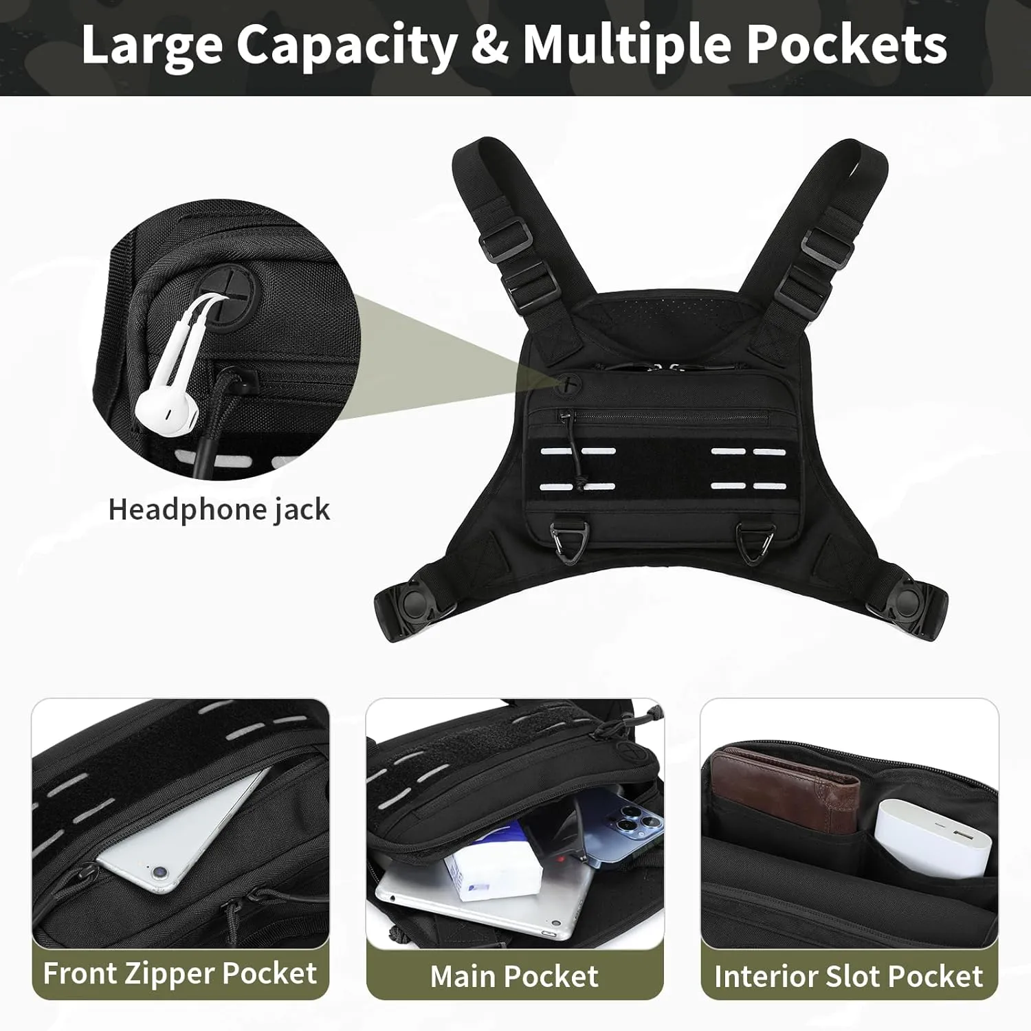 CamGo Tactical Outdoor Sports Chest Bag for Men, Molle EDC Vest Chest Pack for Sports Running Hiking Workout