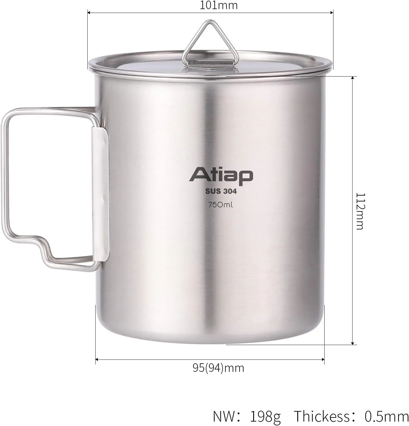 Camping Cup Pot Stainless Steel 750ML Camping Water Mug with Foldable Handles and Lid Portable for Outdoor Camping Backpacking Hiking (750ml Pot)