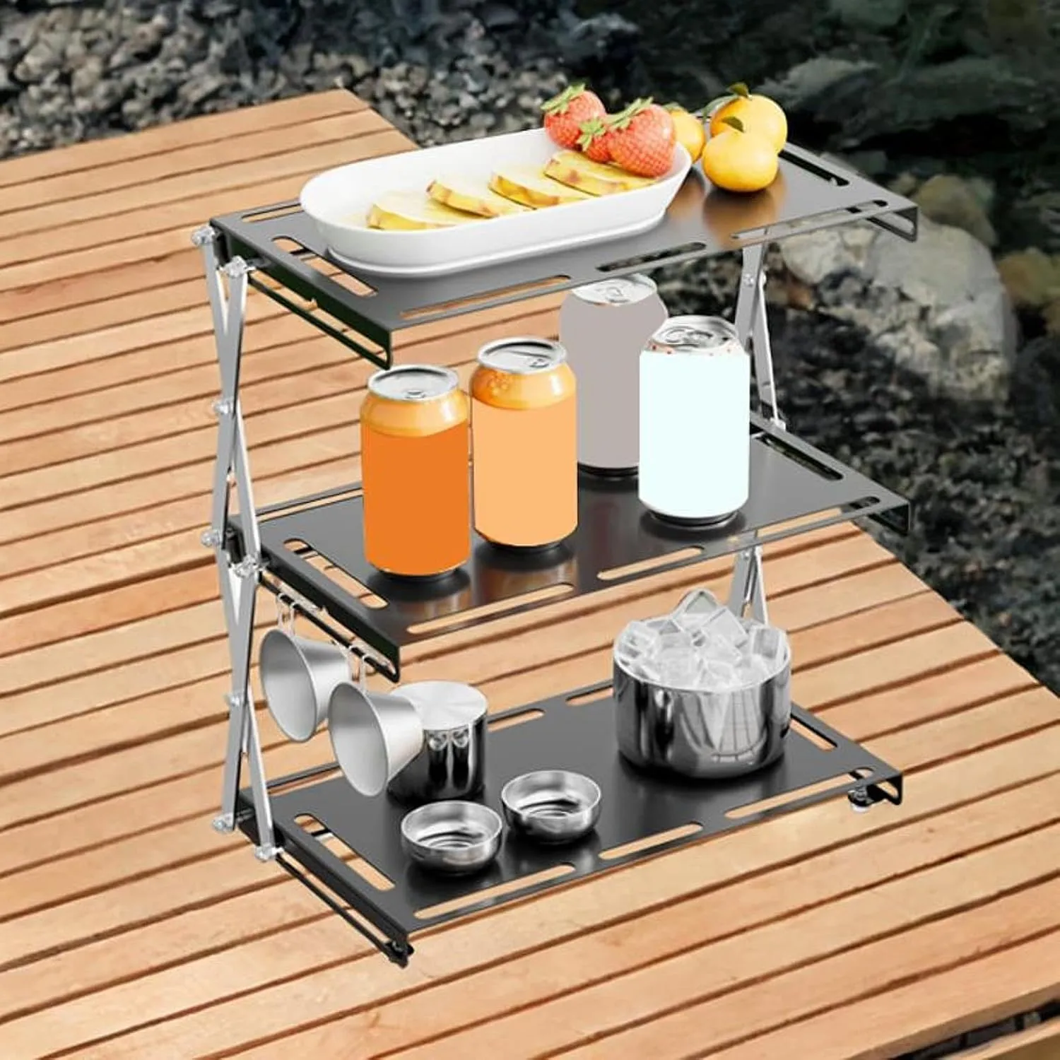 Camping Foldable Storage Rack Cookware Hanging Rack Tabletop Easy to Install Multiuse Outside for Beach Picnic Mountaineering, Three Layers