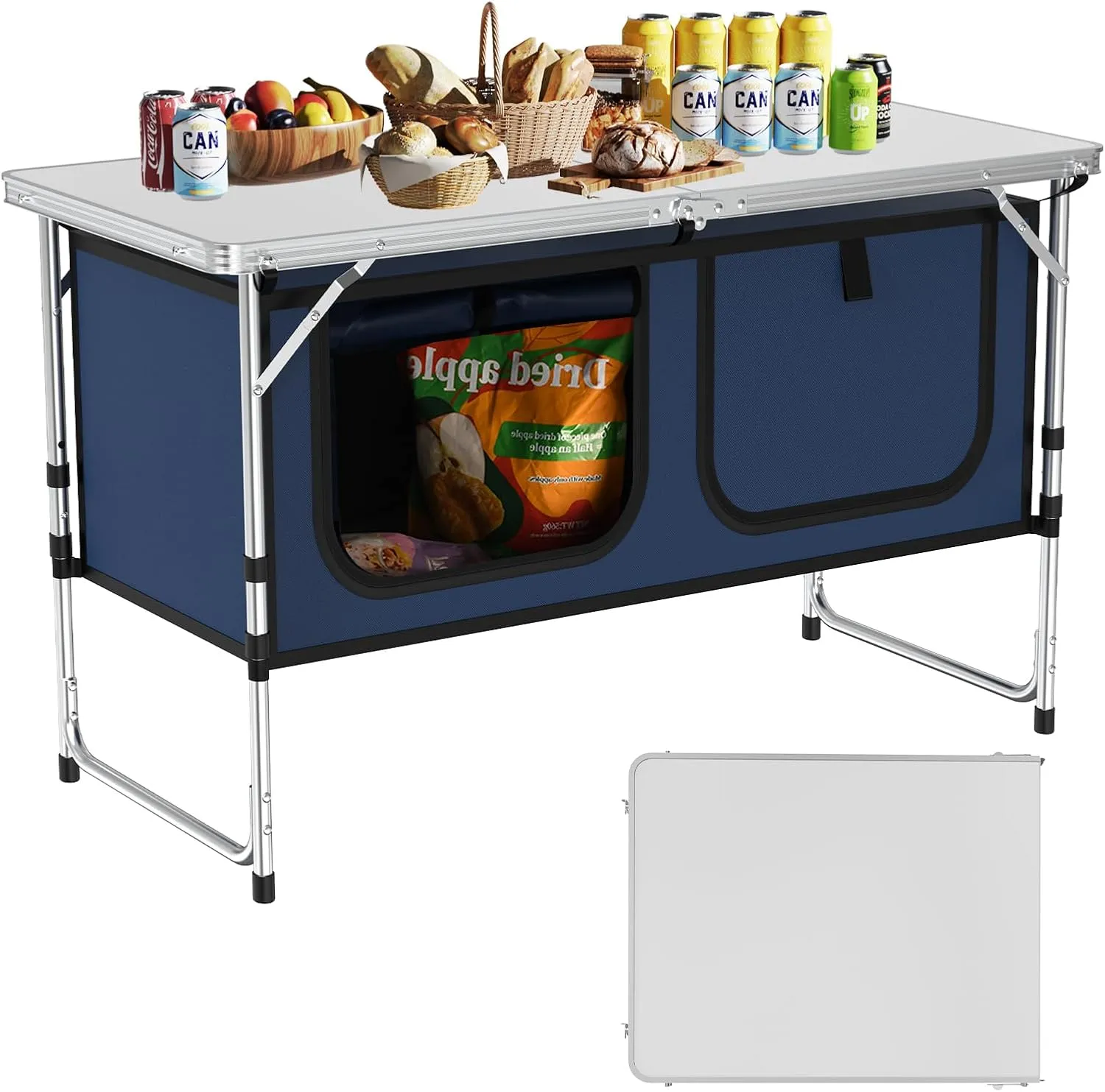 Camping Table, Folding Camping Table with Storage, Lightweight & Portable, 3 Heights Adjustable Folding Table for BBQ, Camping, Picnic and Indoor Use, Dark Blue