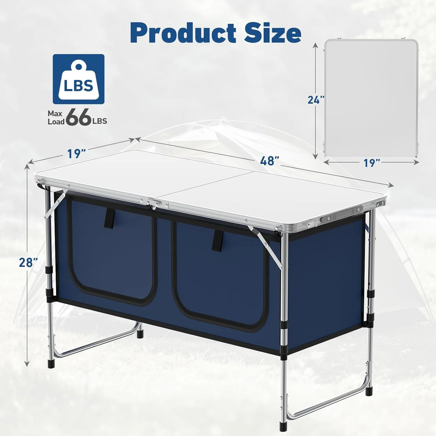 Camping Table, Folding Camping Table with Storage, Lightweight & Portable, 3 Heights Adjustable Folding Table for BBQ, Camping, Picnic and Indoor Use, Dark Blue