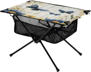 Camping Table Lightweight Portable Folding Table with Mesh Storage Net White Wood Grain Blue Butterfly Ideal for Camping Hiking Beach Picnic Travel Backyard