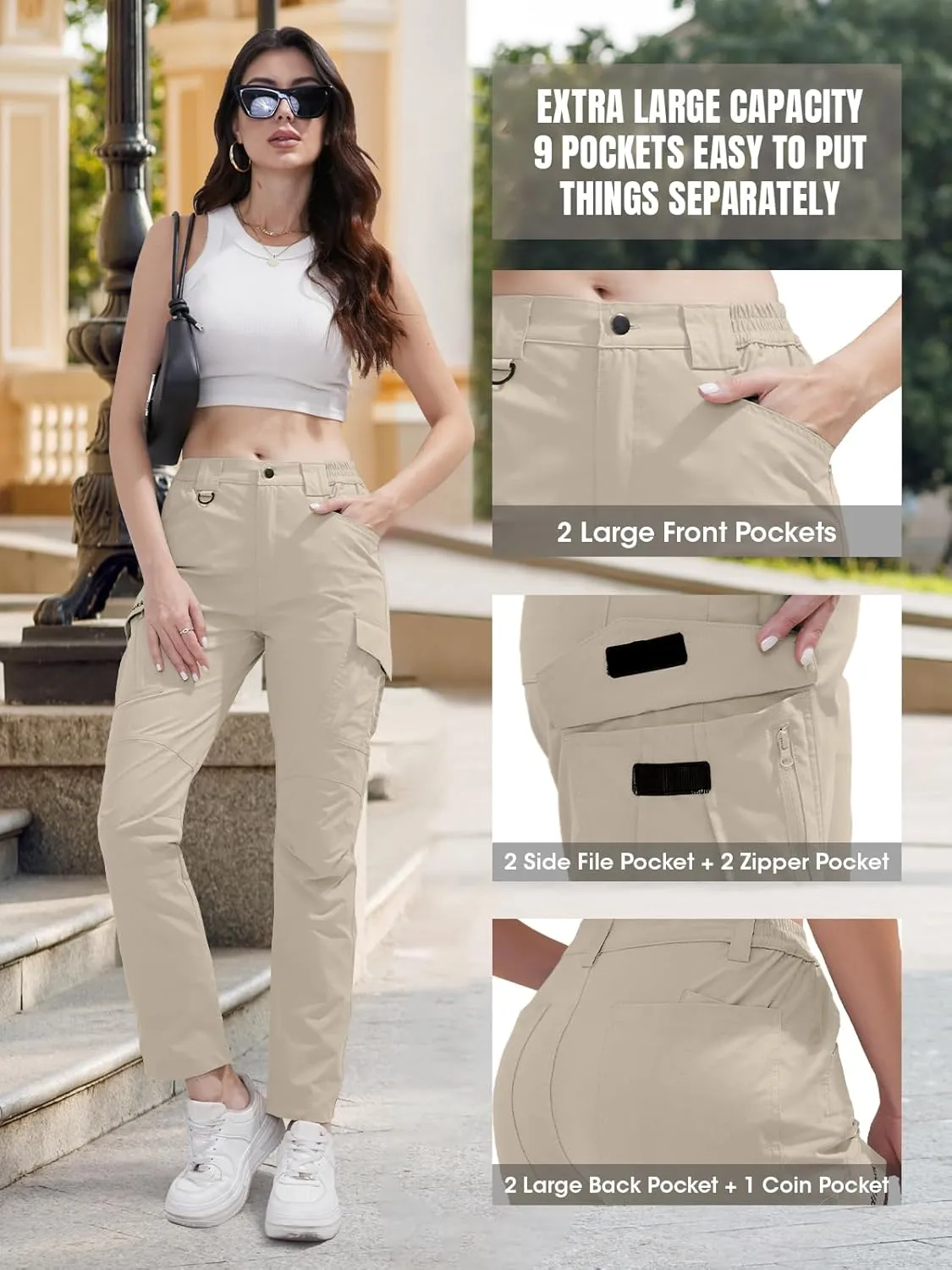Cargo Pants Women with 9 Pockets - High Waist Water-Resistant Tactical Pants for Hiking, Sports, and Casual Wear